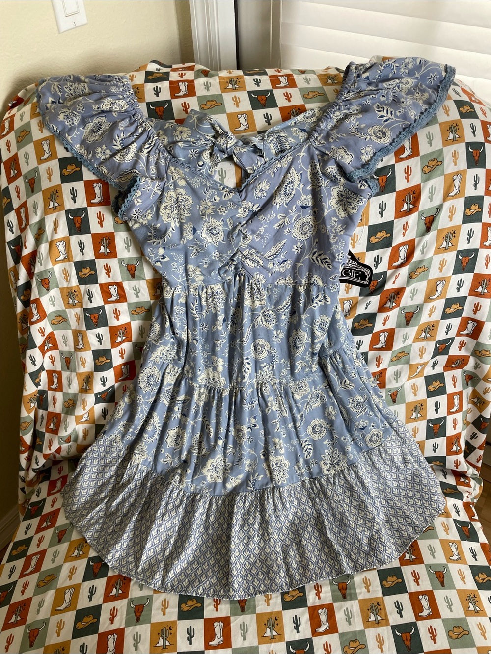 Angie Light Blue Floral Ruffle-Sleeve Dress